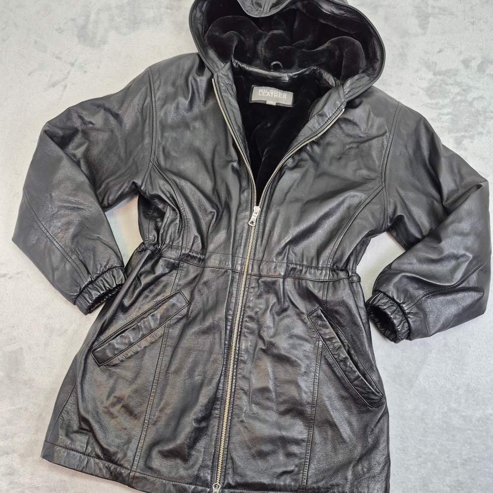 Wilsons Leather Black Hooded Parka Jacket Faux Fur Lining Drawstring Waist Small